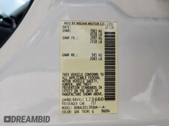 2020 Nissan Altima S with VIN 1N4BL4BVXLC128660, listed as a Copart auction lot 61764275 with 84,662 mi miles and Salvage title. Bid and sale history available at DreamBid. Image 13.