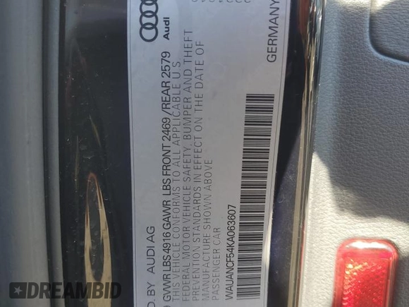 2019 Audi A5 Sportback Premium with VIN WAUANCF54KA063607, listed as a Copart auction lot 76295633 with 126,408 mi miles. Bid and sale history available at carsss.com. Image 12.