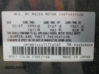 2007 Mazda 3 S Sport with VIN JM1BK144471716507, listed as a Copart auction lot 79550964 with 177,237 mi miles and Salvage Title. Bid and sale history available at DreamBid. Image 12.