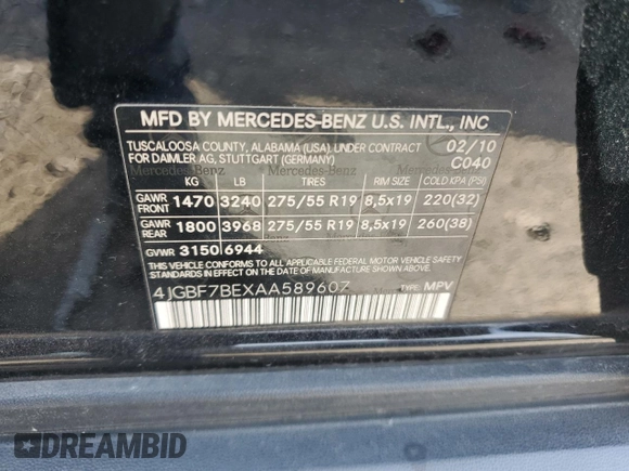 2010 Mercedes-Benz GL-Class GL 450 with VIN 4JGBF7BEXAA589607, listed as a Copart auction lot 65849184 with 251,284 mi miles and Salvage Title. Bid and sale history available at carsss.com. Image 12.