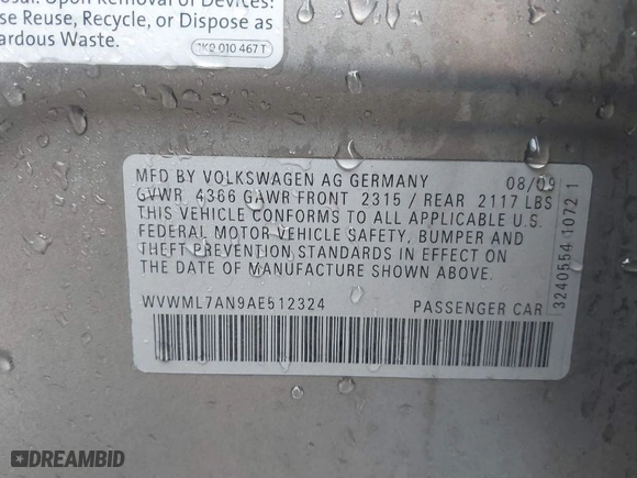 2010 Volkswagen CC Sport with VIN WVWML7AN9AE512324, listed as a IAAI auction lot 41195198 with 243,500 mi miles. Bid and sale history available at carsss.com. Image 9.