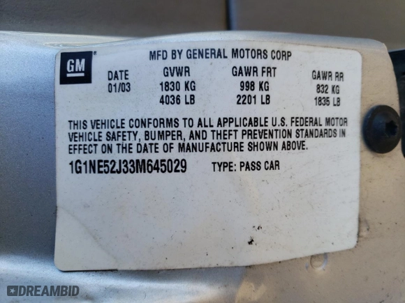 2003 Chevrolet Malibu LS with VIN 1G1NE52J33M645029, listed as a Copart auction lot 46827045 with 0 mi miles and Clean Title. Bid and sale history available at carsss.com. Image 12.