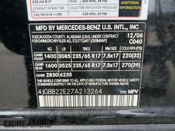2007 Mercedes-Benz M 320 CDI with VIN 4JGBB22E27A213264, listed as a Copart auction lot 65438044 with Not Provided miles and Salvage Title. Bid and sale history available at carsss.com. Image 15.