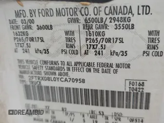 2000 Ford F-150 XL with VIN 2FTRX08L0YCA70958, listed as a Copart auction lot 44517605 with 237,228 mi miles and Salvage title. Bid and sale history available at DreamBid. Image 12.