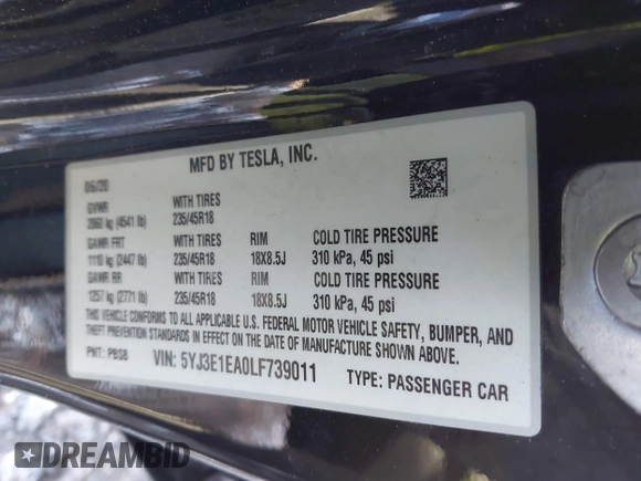 2020 Tesla Model 3 Standard Range Plus z VIN 5YJ3E1EA0LF739011, wystawiony jako IAAI lot #41379792 z przebiegiem Nie podano mil oraz . Historia ofert i sprzedaży dostępna na DreamBid. Obrazek 9.