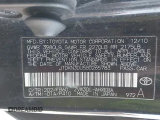 2011 Toyota Prius I with VIN JTDKN3DU5B0265783, listed as a IAAI auction lot 42262314 with 227,066 mi miles and . Bid and sale history available at DreamBid. Image 9.