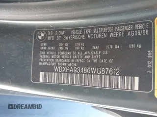 2006 BMW X3 3.0i with VIN WBXPA93486WG87612, listed as a IAAI auction lot 42354365 with 130,030 mi miles and . Bid and sale history available at DreamBid. Image 9.