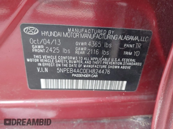 2014 Hyundai Sonata GLS with VIN 5NPEB4AC0EH824476, listed as a IAAI auction lot 42126702 with 117,386 mi miles and . Bid and sale history available at carsss.com. Image 9.