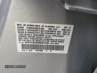 2013 Honda Pilot EX-L with VIN 5FNYF3H59DB001058, listed as a Copart auction lot 62947125 with 157,503 mi miles and Salvage title. Bid and sale history available at DreamBid. Image 13.
