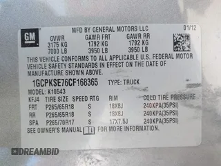 2012 Chevrolet Silverado 1500 LT with VIN 1GCPKSE76CF168365, listed as a IAAI auction lot 41814255 with 288,900 mi miles and . Bid and sale history available at DreamBid. Image 9.