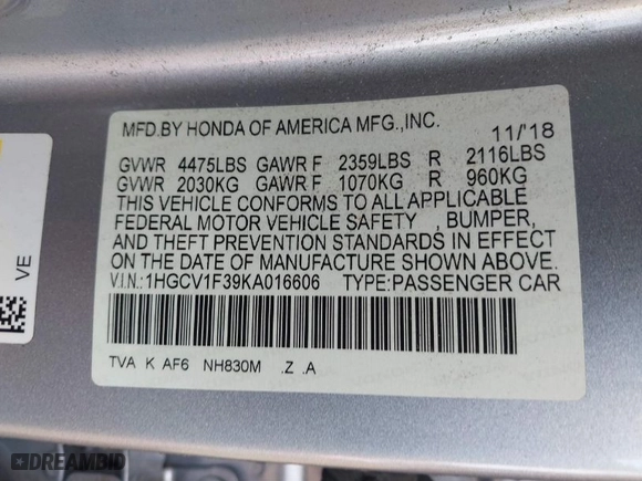 2019 Honda Accord Sedan Sport 1.5T with VIN 1HGCV1F39KA016606, listed as a IAAI auction lot 41809150 with 142,503 mi miles. Bid and sale history available at carsss.com. Image 9.