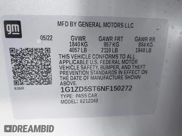 2022 Chevrolet Malibu LT with VIN 1G1ZD5ST6NF150272, listed as a IAAI auction lot 41859860 with 56,624 mi miles and . Bid and sale history available at DreamBid. Image 9.