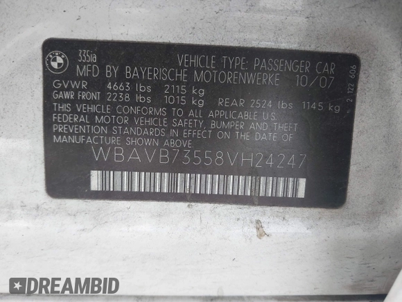 2008 BMW 3 Series 335i with VIN WBAVB73558VH24247, listed as a IAAI auction lot 41602925 with 199,706 mi miles and . Bid and sale history available at DreamBid. Image 9.