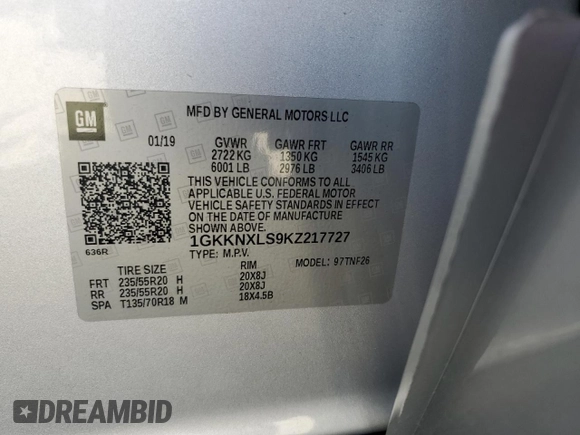 2019 GMC Acadia Denali z VIN 1GKKNXLS9KZ217727, wystawiony jako Copart lot #55008445 z przebiegiem 65 016 mil mil oraz Szkoda całkowita • Salvage title. Historia ofert i sprzedaży dostępna na DreamBid. Obrazek 13.