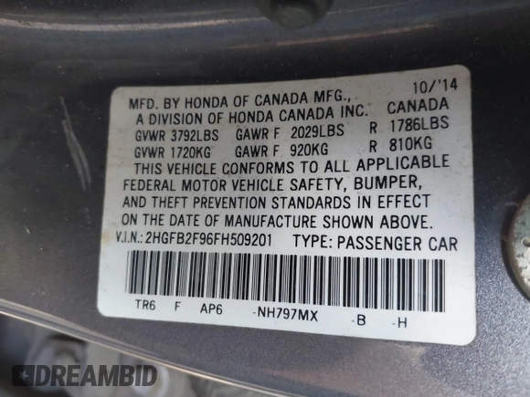 2015 Honda Civic EX-L with VIN 2HGFB2F96FH509201, listed as a IAAI auction lot 42158188 with 170,110 mi miles and . Bid and sale history available at DreamBid. Image 9.