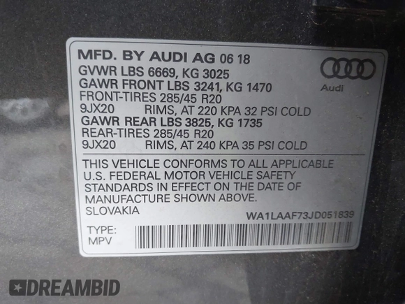 2018 Audi Q7 Premium Plus with VIN WA1LAAF73JD051839, listed as a IAAI auction lot 41764176 with 58,557 mi miles. Bid and sale history available at carsss.com. Image 9.