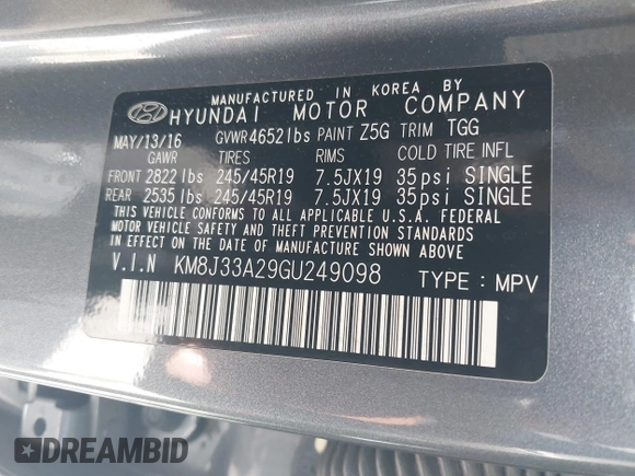 2016 Hyundai Tucson Limited with VIN KM8J33A29GU249098, listed as a IAAI auction lot 40066198 with 92,627 mi miles. Bid and sale history available at carsss.com. Image 9.