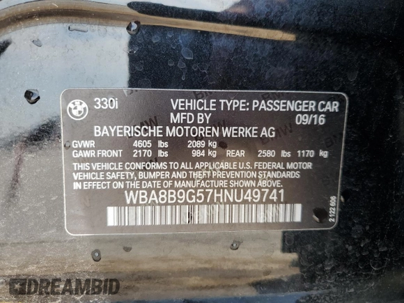 2017 BMW 3 Series 330i с VIN WBA8B9G57HNU49741, выставлен на аукционе Copart как лот 62676095 с пробегом 70 394 миль миль и Списание • Salvage title. История ставок и продаж доступна на DreamBid. Изображение 12.