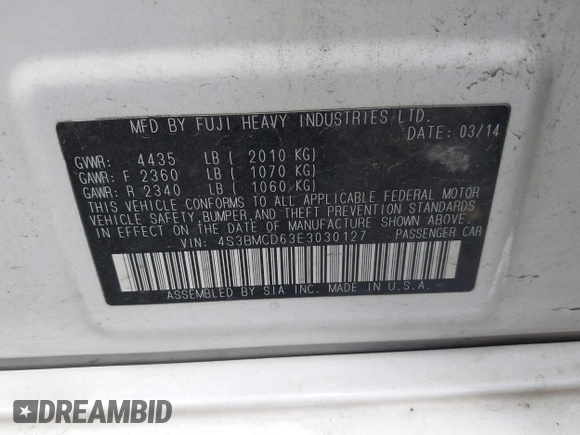2014 Subaru Legacy Premium with VIN 4S3BMCD63E3030127, listed as a IAAI auction lot 42364157 with 153,196 mi miles and . Bid and sale history available at DreamBid. Image 9.