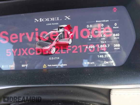 2020 Tesla Model X Long Range with VIN 5YJXCDE22LF217014, listed as a IAAI auction lot 41845824 with 149,375 mi miles and . Bid and sale history available at DreamBid. Image 7.