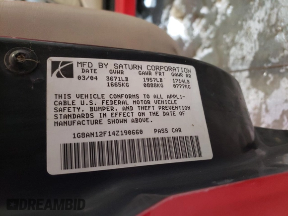 2004 Saturn ION ION 2 with VIN 1G8AN12F14Z190660, listed as a Copart auction lot 84599054 with 173,431 mi miles and Salvage Title. Bid and sale history available at carsss.com. Image 14.