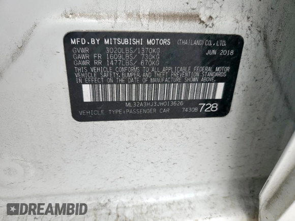 2018 Mitsubishi Mirage ES с VIN ML32A3HJ3JH013626, выставлен на аукционе Copart как лот 54129455 с пробегом 168 445 миль миль и Списание • Salvage title. История ставок и продаж доступна на DreamBid. Изображение 12.