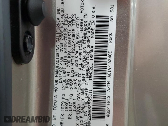 2008 Toyota Tacoma с VIN 5TENX22N68Z555911, выставлен на аукционе Copart как лот 55480995 с пробегом 151 042 миль миль и Списание • Salvage title. История ставок и продаж доступна на DreamBid. Изображение 12.