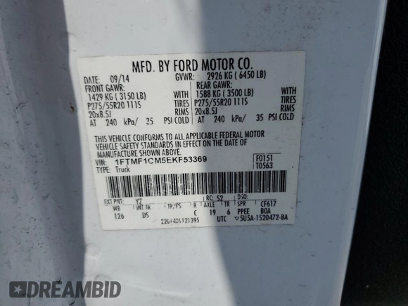 2014 Ford F-150 XL with VIN 1FTMF1CM5EKF53369, listed as a Copart auction lot 54539695 with 199,166 mi miles and Salvage title. Bid and sale history available at DreamBid. Image 12.