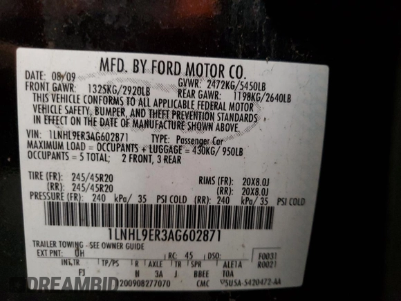 2010 Lincoln MKS with VIN 1LNHL9ER3AG602871, listed as a Copart auction lot 85714374 with 99,632 mi miles and Clean Title. Bid and sale history available at DreamBid. Image 12.