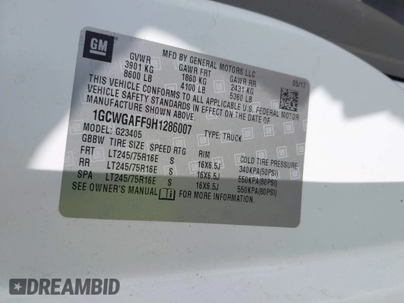 2017 Chevrolet Express Cargo with VIN 1GCWGAFF9H1286007, listed as a IAAI auction lot 42583430 with 257,665 mi miles and . Bid and sale history available at DreamBid. Image 9.