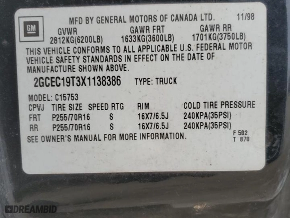 1999 Chevrolet Silverado 1500 LS with VIN 2GCEC19T3X1138386, listed as a Copart auction lot 41630275 with 124,217 mi miles and Salvage Title. Bid and sale history available at carsss.com. Image 12.