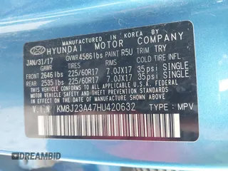 2017 Hyundai Tucson SE with VIN KM8J23A47HU420632, listed as a IAAI auction lot 41797652 with 66,325 mi miles. Bid and sale history available at carsss.com. Image 9.