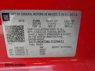 2020 GMC Sierra 1500 SLT z VIN 3GTU9DED6LG128611, wystawiony jako IAAI lot #41933828 z przebiegiem 80 456 mil mil oraz . Historia ofert i sprzedaży dostępna na DreamBid. Obrazek 9.