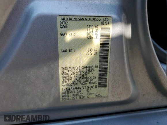 2015 Nissan Altima SL z VIN 1N4AL3AP6FN325066, wystawiony jako Copart lot #64510175 z przebiegiem 180 955 mil mil oraz Szkoda całkowita • Salvage title. Historia ofert i sprzedaży dostępna na DreamBid. Obrazek 12.