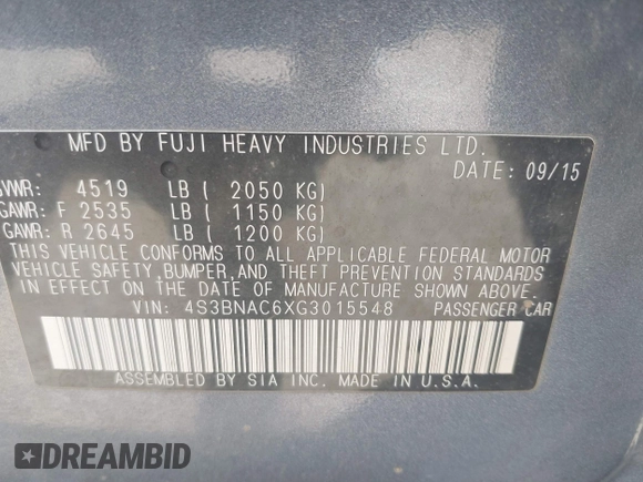 2016 Subaru Legacy Premium с VIN 4S3BNAC6XG3015548, выставлен на аукционе IAAI как лот 42500724 с пробегом 89 706 миль миль и . История ставок и продаж доступна на DreamBid. Изображение 9.