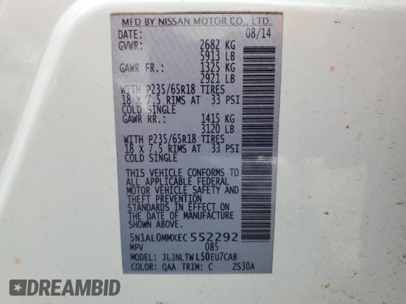 2014 Infiniti QX60 with VIN 5N1AL0MMXEC552292, listed as a Copart auction lot 57250055 with 163,174 mi miles and Salvage title. Bid and sale history available at DreamBid. Image 13.