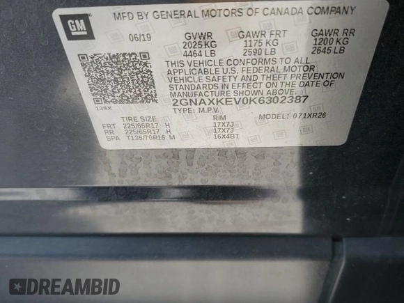 2019 Chevrolet Equinox LT with VIN 2GNAXKEV0K6302387, listed as a Copart auction lot 54259075 with 75,325 mi miles and Salvage Title. Bid and sale history available at carsss.com. Image 13.