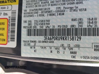 2019 Ford Fusion Hybrid Titanium with VIN 3FA6P0RU9KR158129, listed as a IAAI auction lot 41717104 with 37,736 mi miles. Bid and sale history available at carsss.com. Image 9.