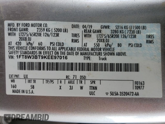 2019 Ford F-350 XL with VIN 1FT8W3BT9KEE97016, listed as a Copart auction lot 51590705 with 133,258 mi miles and Salvage Title. Bid and sale history available at DreamBid. Image 14.
