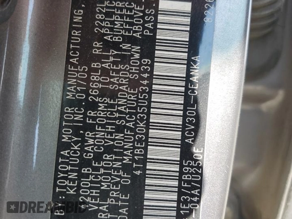 2005 Toyota Camry LE z VIN 4T1BE30K35U534439, wystawiony jako Copart lot #59994085 z przebiegiem 151 191 mil mil oraz Szkoda całkowita • Salvage title. Historia ofert i sprzedaży dostępna na DreamBid. Obrazek 12.