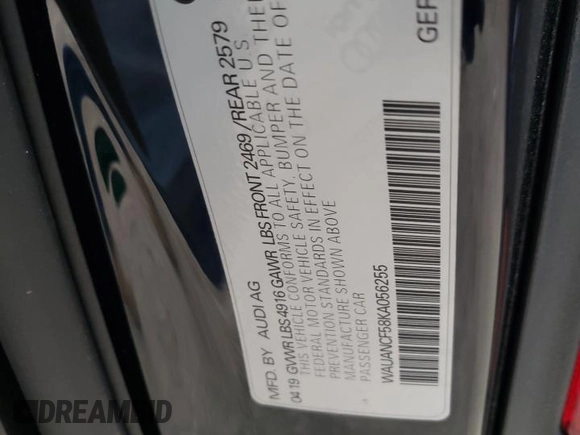 2019 Audi A5 Sportback Premium with VIN WAUANCF58KA056255, listed as a Copart auction lot 41666253 with 50,484 mi miles. Bid and sale history available at carsss.com. Image 12.