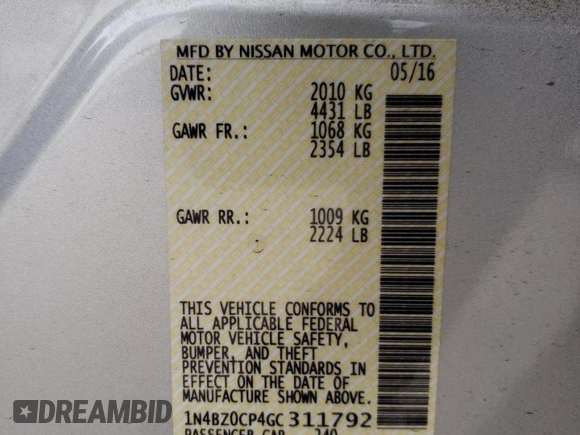 2016 Nissan LEAF S with VIN 1N4BZ0CP4GC311792, listed as a Copart auction lot 46925903 with 0 mi miles. Bid and sale history available at carsss.com. Image 14.