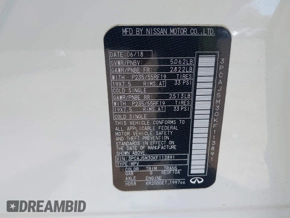 2019 Infiniti QX50 Essential with VIN 3PCAJ5M30KF113891, listed as a IAAI auction lot 42006449 with 49,138 mi miles and . Bid and sale history available at DreamBid. Image 9.