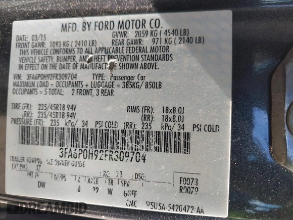 2015 Ford Fusion SE with VIN 3FA6P0H92FR309704, listed as a IAAI auction lot 41895913 with 163,167 mi miles. Bid and sale history available at carsss.com. Image 9.