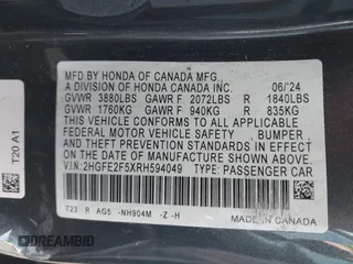 2024 Honda Civic Sedan Sport with VIN 2HGFE2F5XRH594049, listed as a IAAI auction lot 41861758 with 5,311 mi miles. Bid and sale history available at carsss.com. Image 9.