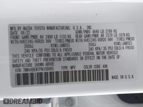 2023 Mazda CX-50 S Premium Plus with VIN 7MMVABEM7PN108865, listed as a IAAI auction lot 42049215 with 33,285 mi miles and . Bid and sale history available at DreamBid. Image 9.
