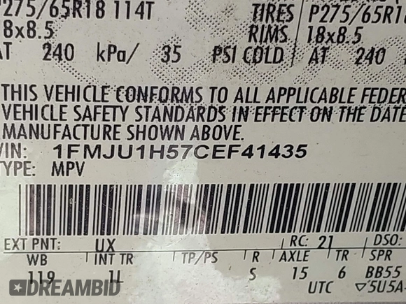 2012 Ford Expedition XLT with VIN 1FMJU1H57CEF41435, listed as a IAAI auction lot 42134603 with 278,601 mi miles and . Bid and sale history available at DreamBid. Image 9.