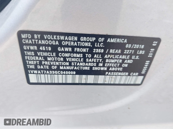 2016 Volkswagen Passat S with VIN 1VWAT7A33GC040009, listed as a IAAI auction lot 42582361 with 91,961 mi miles and . Bid and sale history available at DreamBid. Image 9.