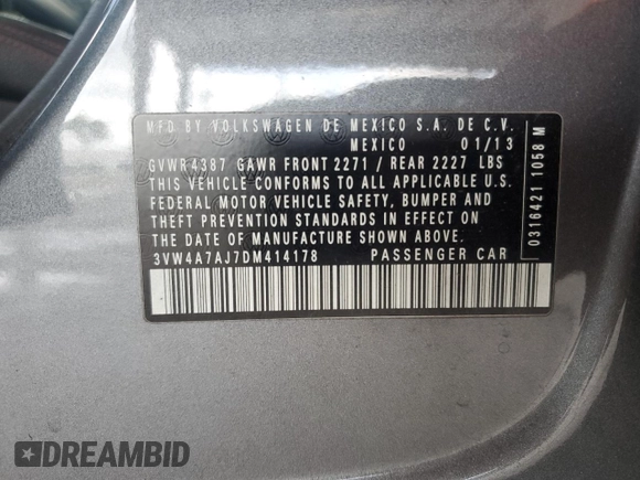 2013 Volkswagen Jetta Autobahn with VIN 3VW4A7AJ7DM414178, listed as a Copart auction lot 65675885 with 199,667 mi miles and Clean title. Bid and sale history available at DreamBid. Image 12.