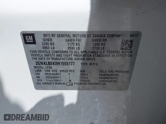 2017 Chevrolet Equinox LS with VIN 2GNALBEK8H1593177, listed as a IAAI auction lot 41848425 with 135,357 mi miles. Bid and sale history available at carsss.com. Image 9.